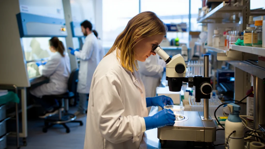 Persona che osserva materiali al microscopio in un laboratorio