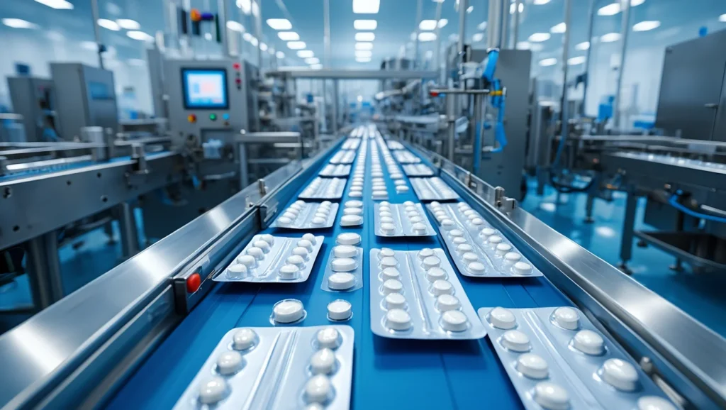 Immagine di compresse che scorrono su una linea di confezionamento