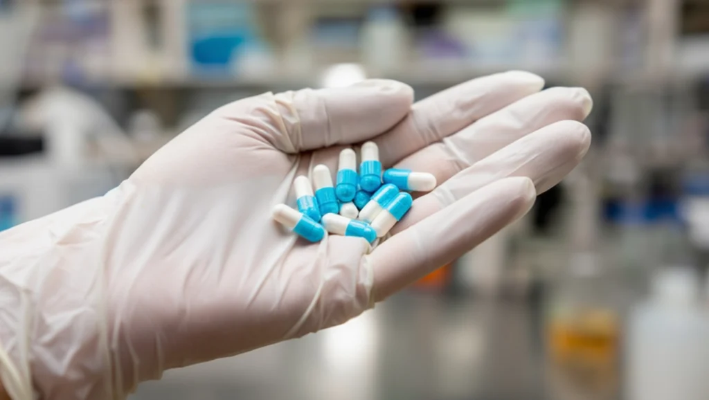 Immagine di una mano con guanto che tiene pillole blu