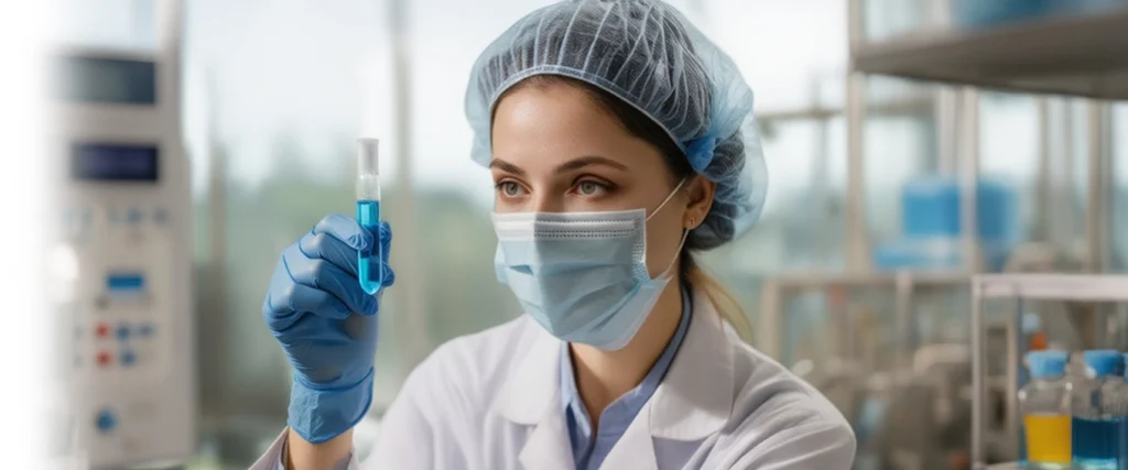 Immagine di una scienziata che tiene in mano una provetta