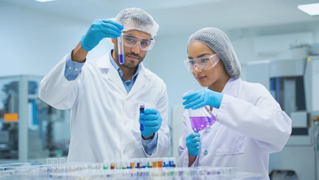 Due scienziati che osservano provette in laboratorio